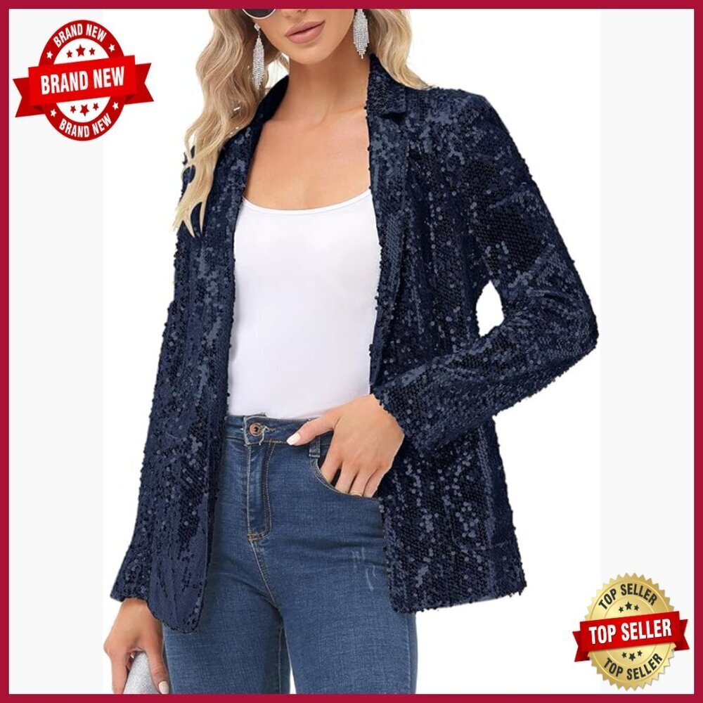 Sequin Blazer Jacket Open Front Long Sleeve Sparkly Coat with Pockets S-XXL